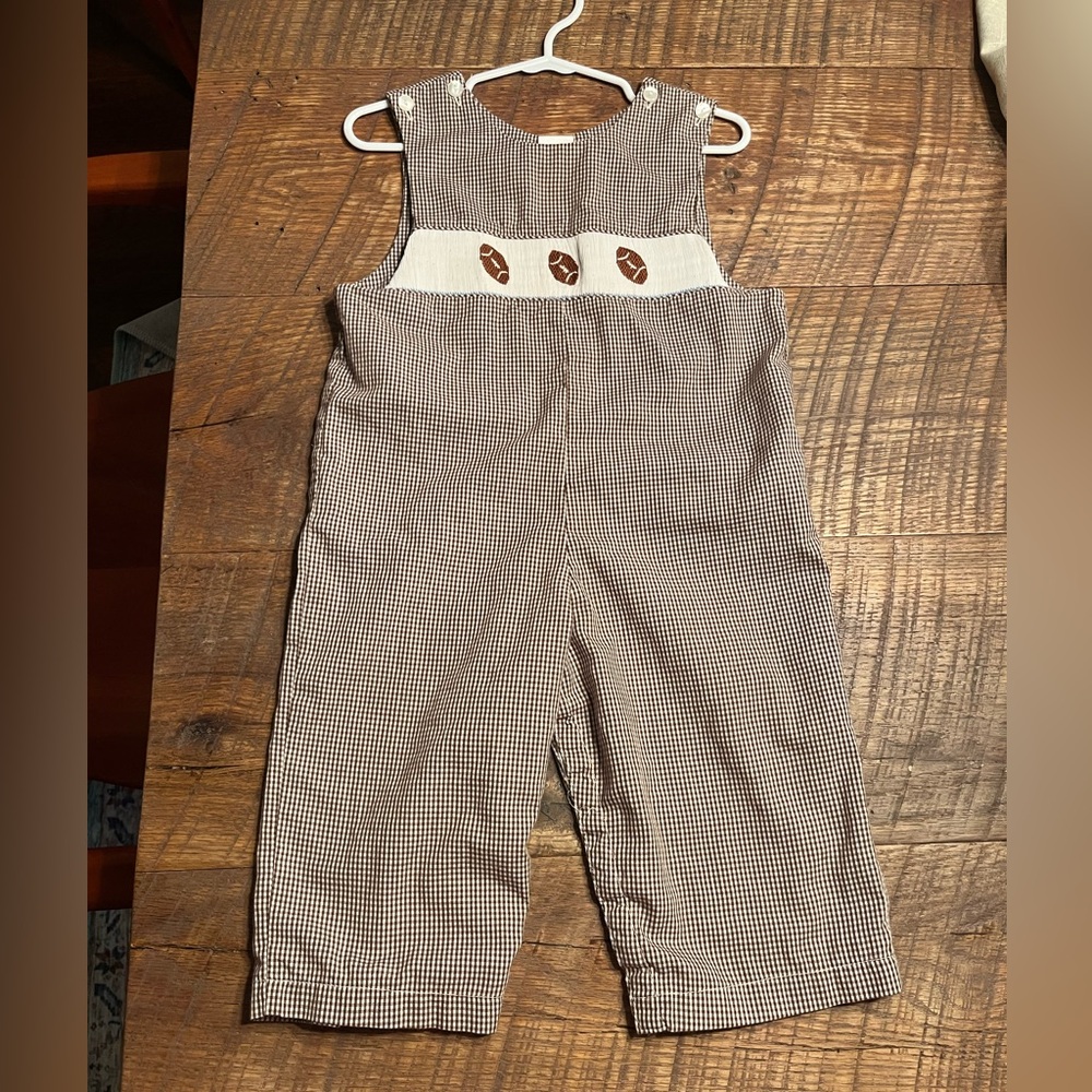 Brown Football Smocked Kids Overalls